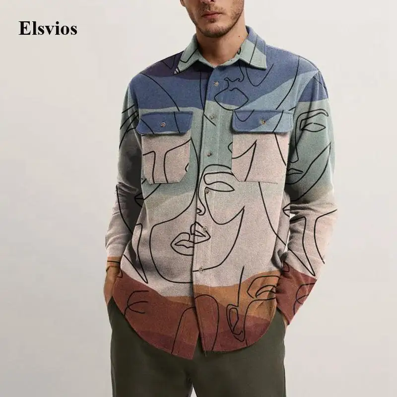 

New Fashion Pattern Print Mens Jacket Tops Spring Button Long Sleeve Casual Outwear Autumn Turn-down Collar Pocket Cardigan Coat