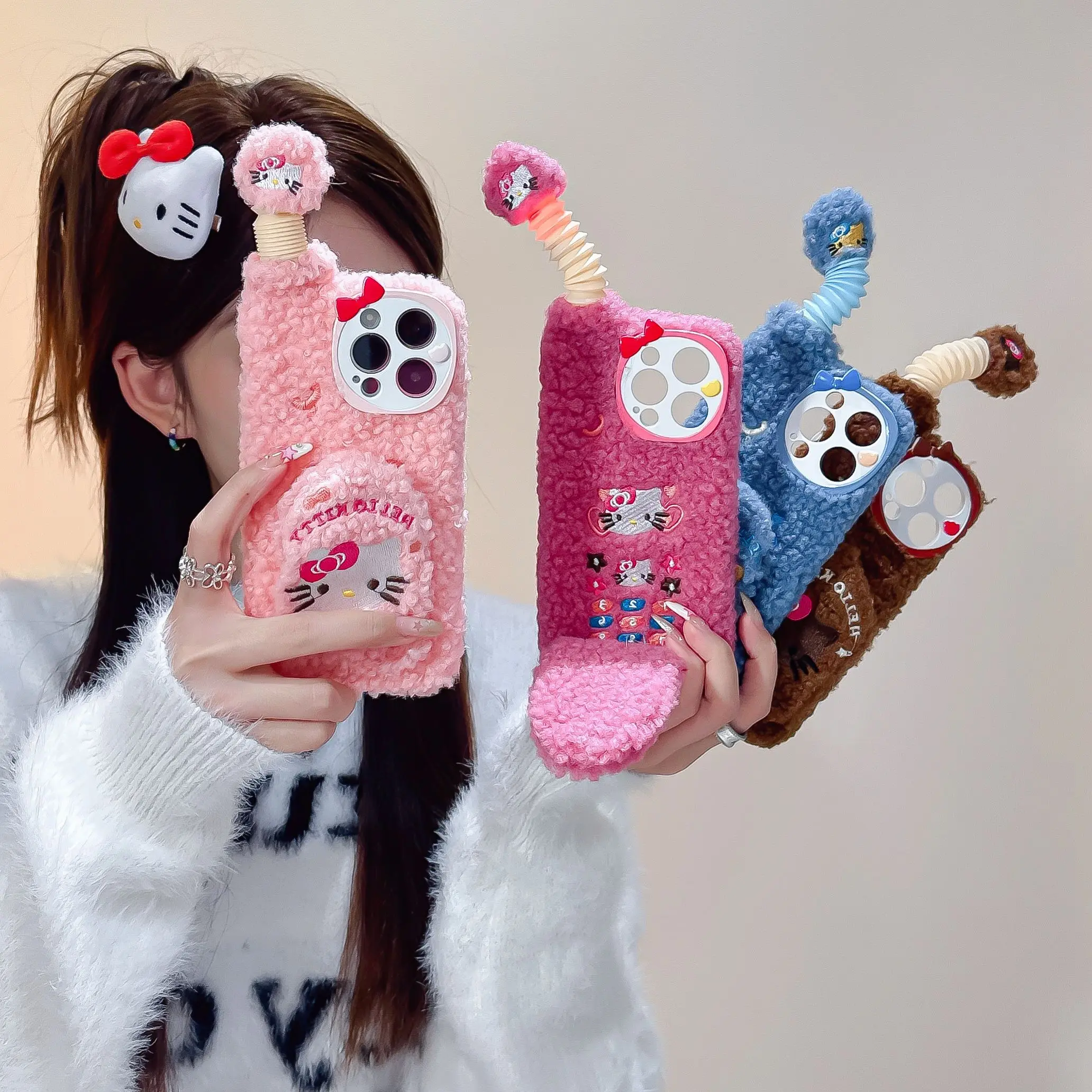 

Sanrio Hello Kitty Cute pink winter plush flip cover Phone Cases For iPhone 15 14 13 12 11 Pro Max Back Cover