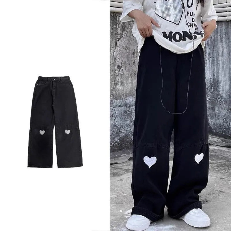 

Love printed jeans men oversized straight trousers 2022 spring new vintage high street patchwork casual loose wide-leg jeans
