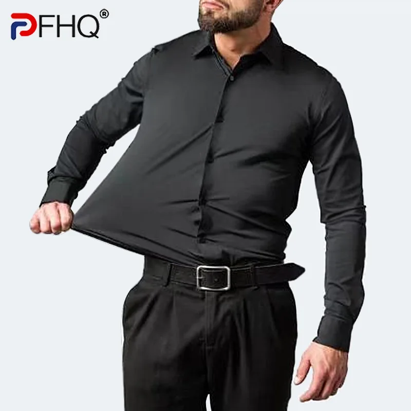

Роскошная стрейчевая мужская деловая Повседневная рубашка PFHQ 2023 высокого качества, однотонная Модная элегантная одежда с длинным рукавом ...