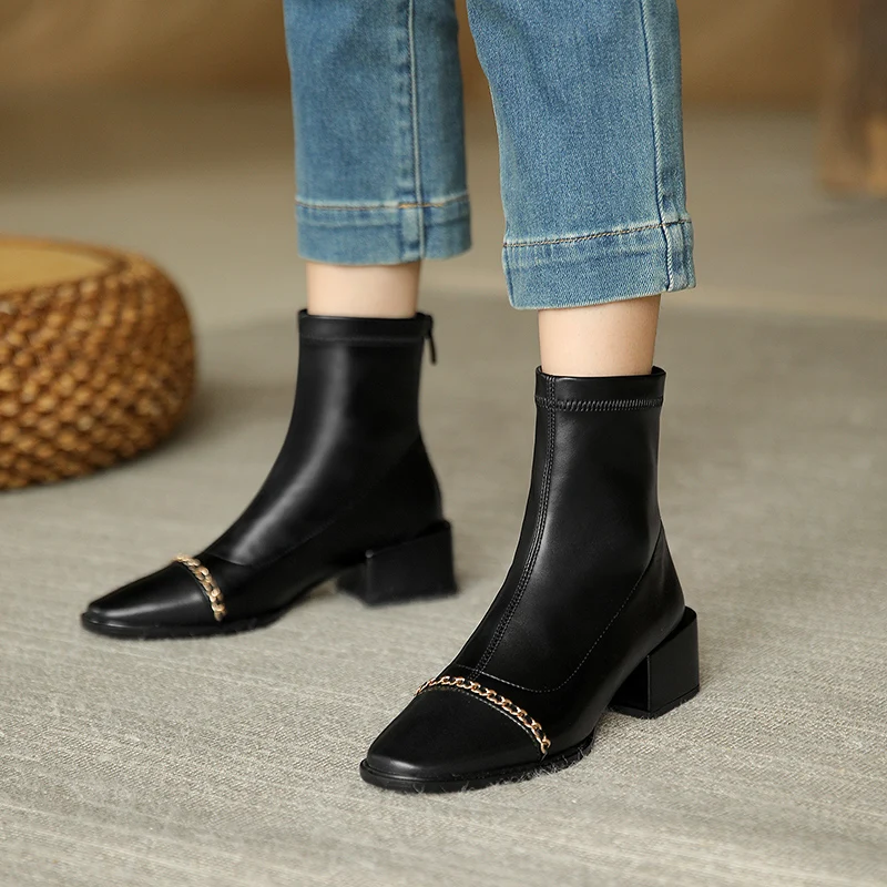 

Genuine Leather Square Toe Thick High Heels Women Ankle Boots Autumn Winter Office Lady Neutral Back Zipper Shoes Woman Size 42