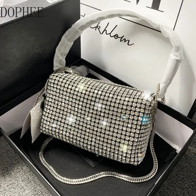 

Blingbling Rhinestone Bag for Lady Full Diamond Genuine Leather Handbag Underarm Small Square Bag Shoulder Diagonal Bag Party