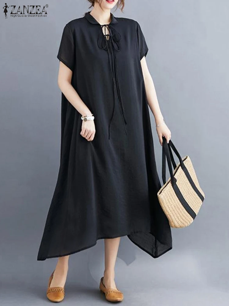 

ZANZEA Women Casual Loose Dress 2023 Summer Short Sleeve Robes Holiday Irregular Hem Midi Dress Solid Color Lapel Vestidos Mujer
