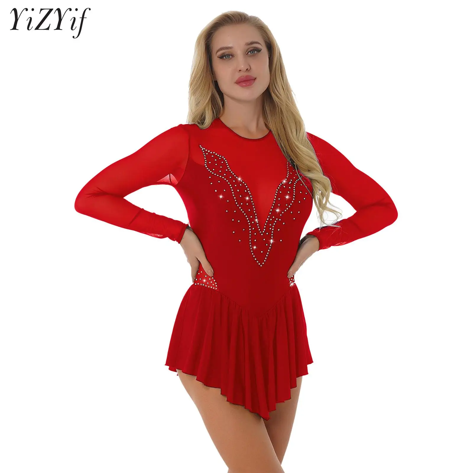 

Women Figure Ice Skating Shiny Rhinestone Dress Gymnastics Ballet Dance Skirted Leotard Modern Contemporary Ballroom Dancewear