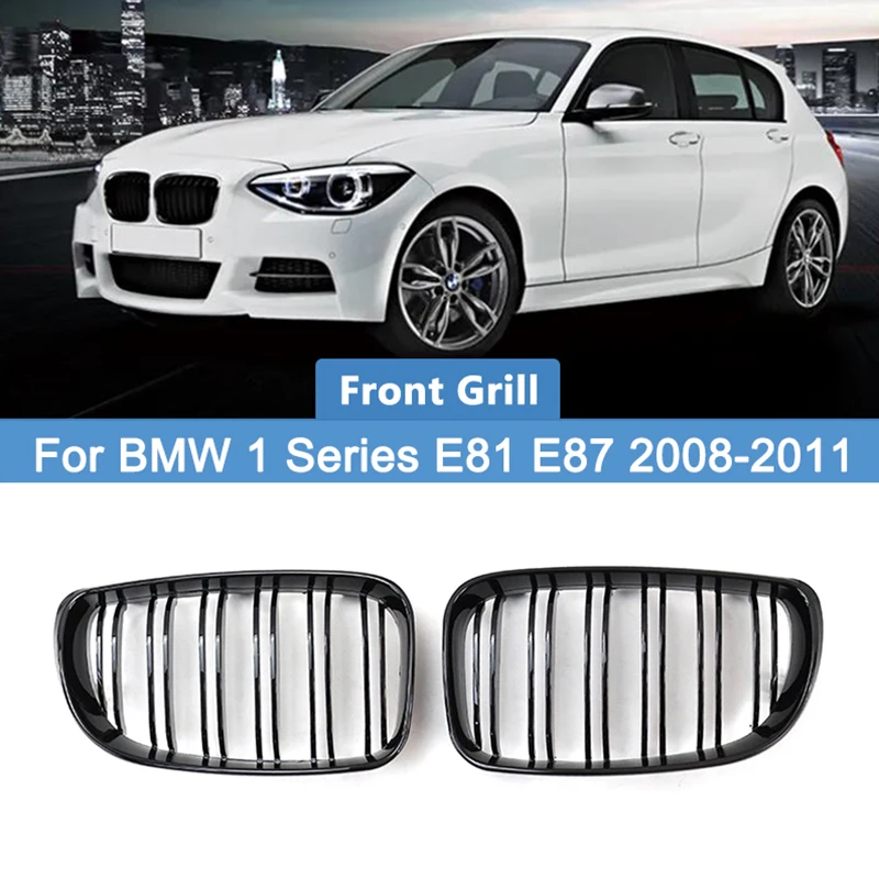 Купи Gloss Black Front Kidney Grille for BMW 1 Series E81 E87 2008-2011 Car Front Bumper Double-line Grille Car Styling Accessories за 4,426 рублей в магазине AliExpress