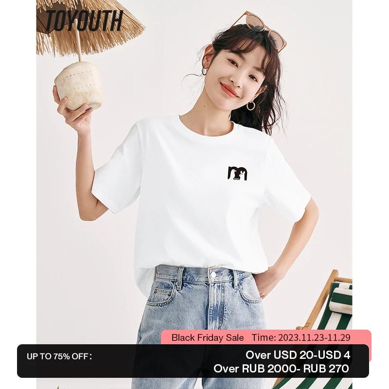 

Toyouth Women T-shirt 2023 Summer Short Sleeves Round Neck Loose Tees Cartoon Silhouette 100% Cotton Casual All Match Tops