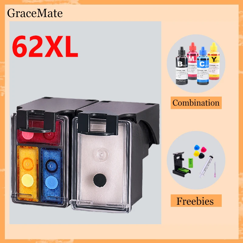 62XL ES FR CA Refillable Ink Cartridge Compatible for hp 62 hp62 Envy 5640 5660 7640 5540 5544 5545 5546 5548 Officejet 5740 200