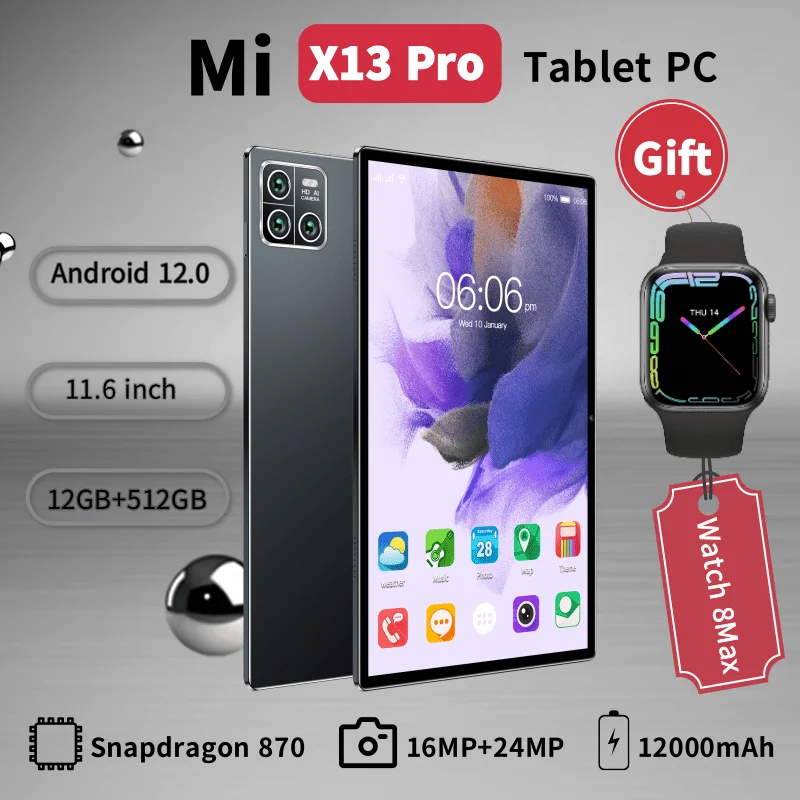 

2023 New Original Global Version Mi X13 Pro Tablet Android 12.0 12000mAh Tablets PC 12 Inch Snapdragon 870 4G/5G Wifi With Watch