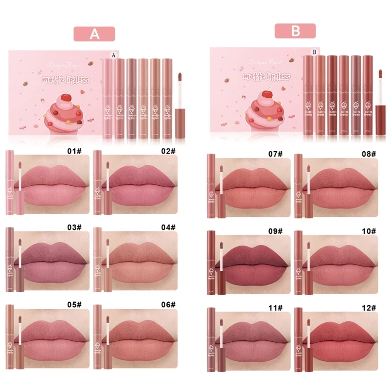 

RXJC 6pcs Matte Velvet Lip Glaze Waterproof Long Lasting Not Easy to Fade Lips Gloss Lipstick Makeup Smudgeproof Women Gift