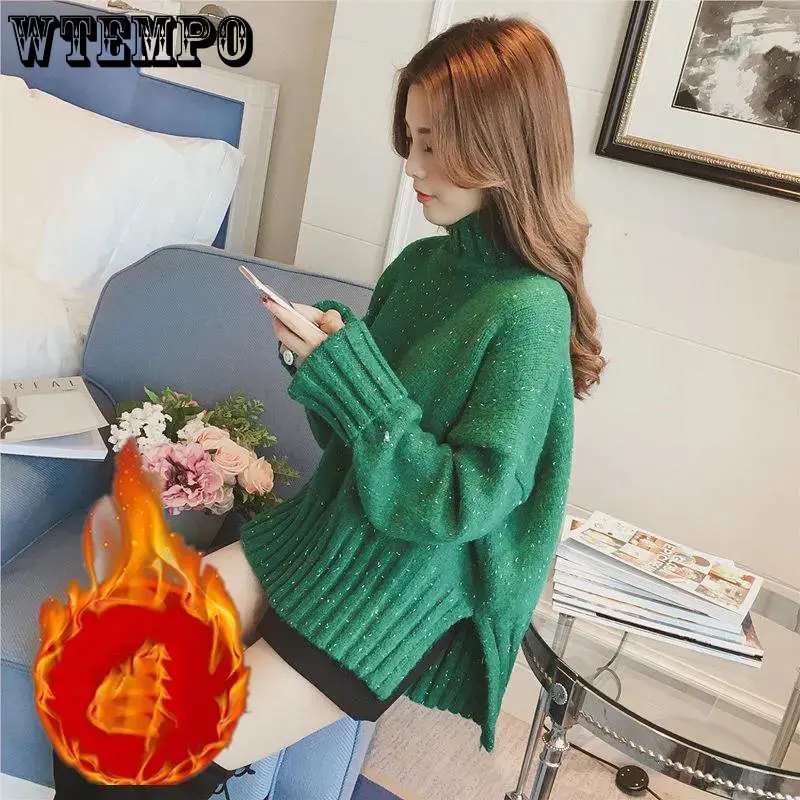 

Turtlenneck Thickened Sweater Women Pull Jumper Autumn and Winter Knitted Pullover Loose Keep Warm Simple Basic Style Wholesale