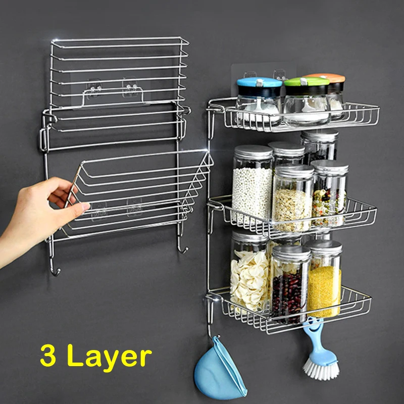 

Kitchen Storage Shelf Stainless Steel Seasoning Bottle Storage Rack Wall Mounted Bathroom Shelves Shower Shampoo Storage Rack