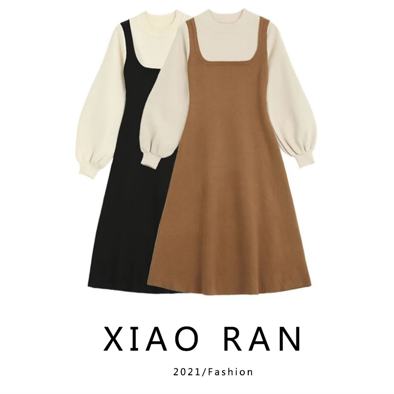 

[Реальное фото] трикотажное длинное/короткое Повседневное платье Xiaoran с цветными блоками и рукавами-фонариками