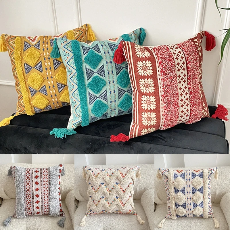 

Boho Style Tufted Tassel Throw Pillow Cover Cotton Square Pillowcase Covers
