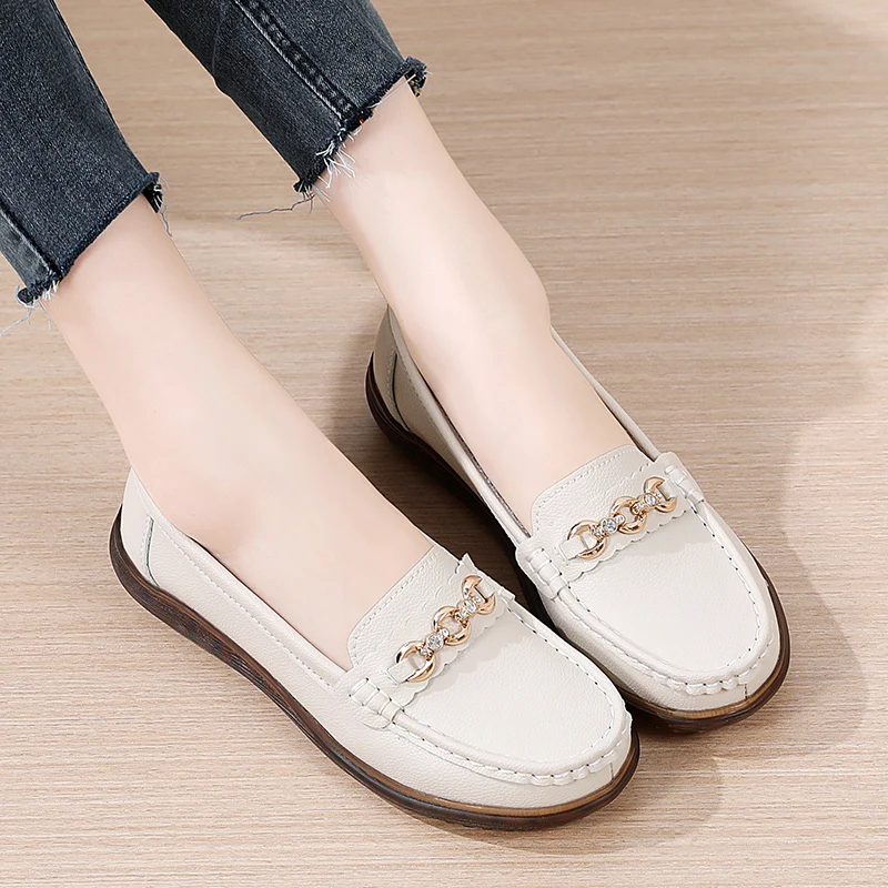 2023 New Fashion Women Genuine Leather Loafers Woman Flats Soft Casual Shoes Luxury Female Slip-on Boat Walking Shoes Moccasins