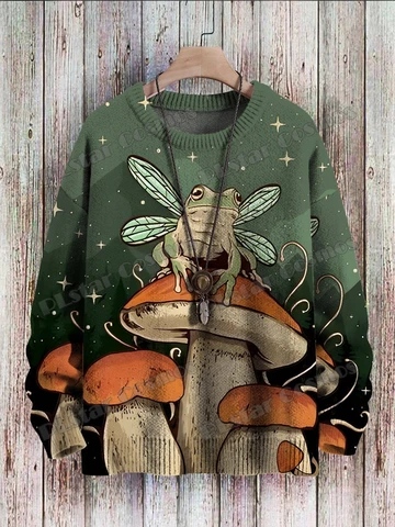 Винтажный Мужской вязаный пуловер ZZM120 с милым рисунком лягушки, йоги, грибов, художественный узор, 3D принт, зимний Повседневный вязаный пуловер унисекс