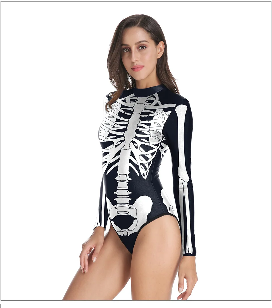 

3D Horrifying Skeleton Halloween Swimsuit Women Swimwear with Sleeve Back Zipper Swim Wear Mujer Trikinis Maio Feminino Praia