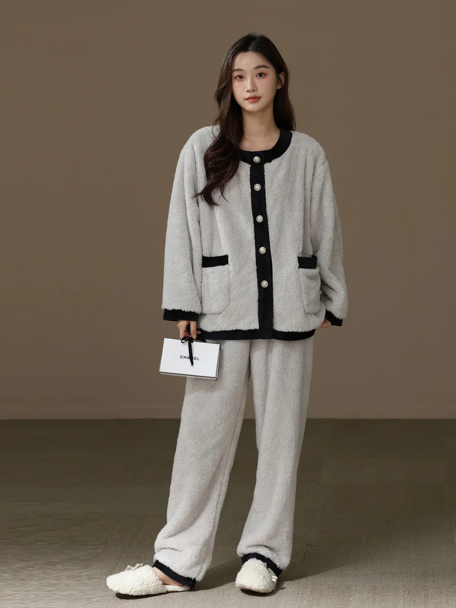 [Утолщенная флисовая подкладка] Женские теплые пижамы осенне-зимний комплект из