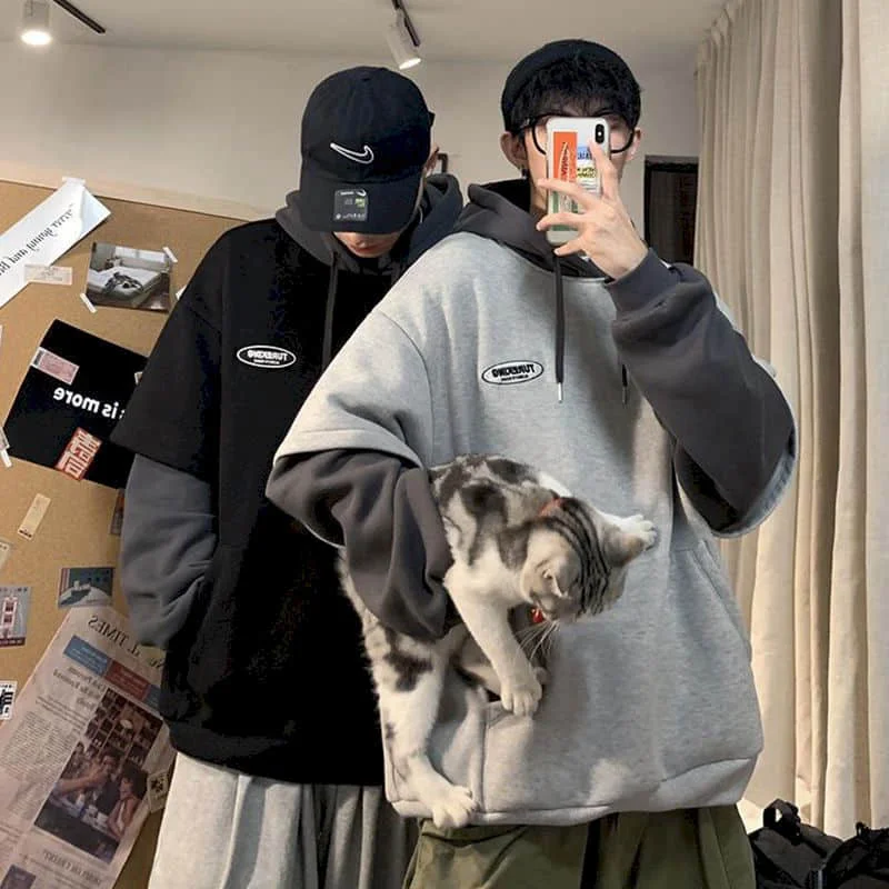

Hoodies men fake two-piece sweatshirt autumn stitching Korean loose contrast color hooded long-sleeved black white gray design