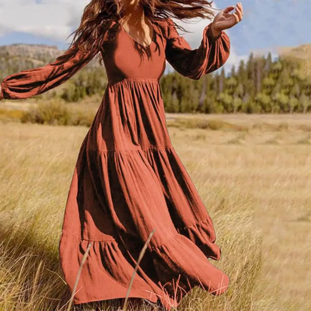 

Long Dress Charming Skin-touch V Neck Women Ruffle Stitching Hem Maxi Vacation Dress Streetwear Holiday Dress Elegant Dress
