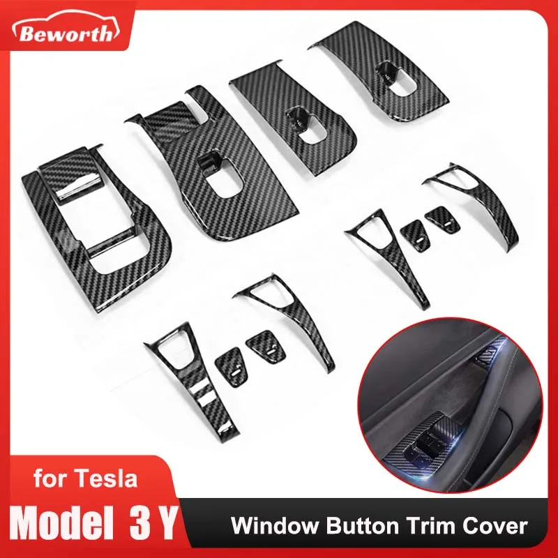 

14Pcs For Tesla Model 3 Y 2017-2023 Window Lifter Switch Buttons Decorative Cover Trim Sticker Case Carbon Fiber ABS Decoration