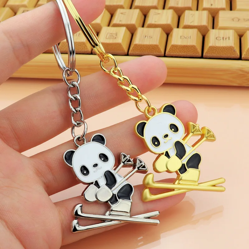 

Ski Panda Keychain Creative National Treasure Silver Gold Color Cute Panda Ski Winter Games Gift Pendant Keychains