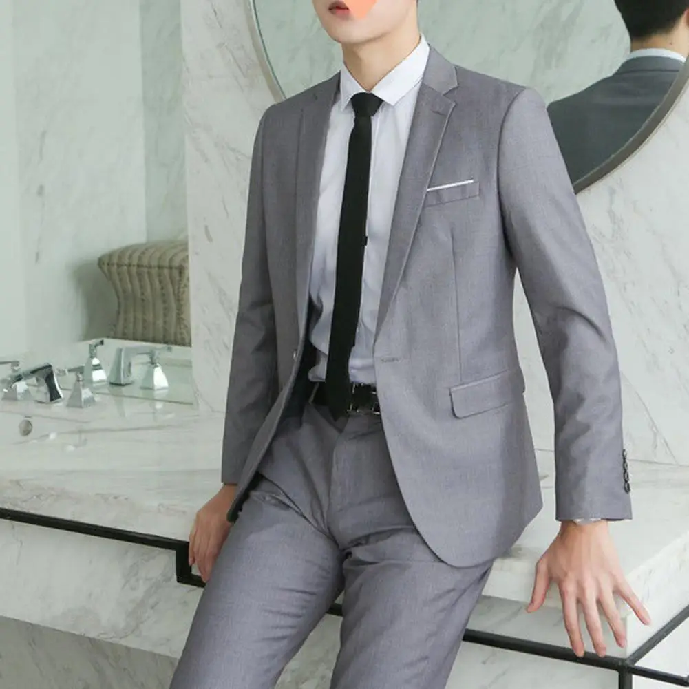 

2Pcs/Set Long Sleeve Flap Pockets Single Button Solid Color Men Suit Slim Fit Lapel Blazer Straight Suit Pants Set