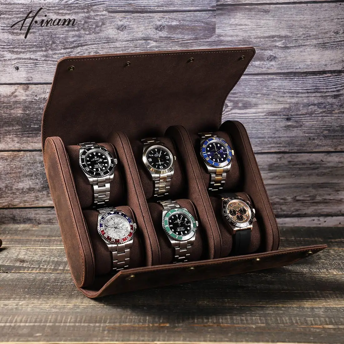 Vintage Genuine Leather 6 Slots Watch Case Organizers Luxury Design for Men Watch Display Gift Box Watch Jewelry Storage Case