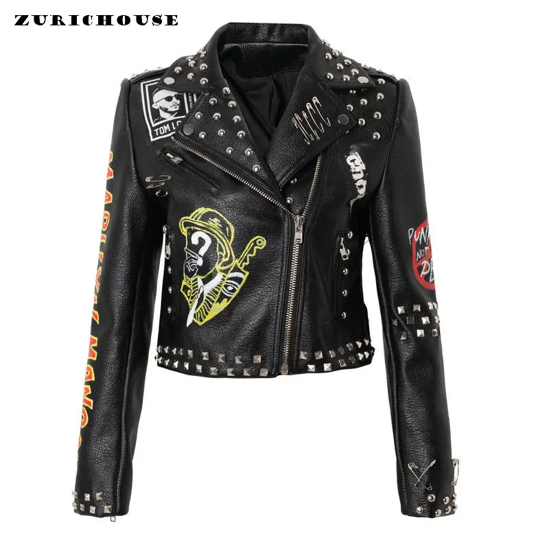 

Punk Rivets Motorcycle Jacket Women 2023 Trend Fashion Contrast Color Print Cropped Faux Leather Jackets Black Streetwear