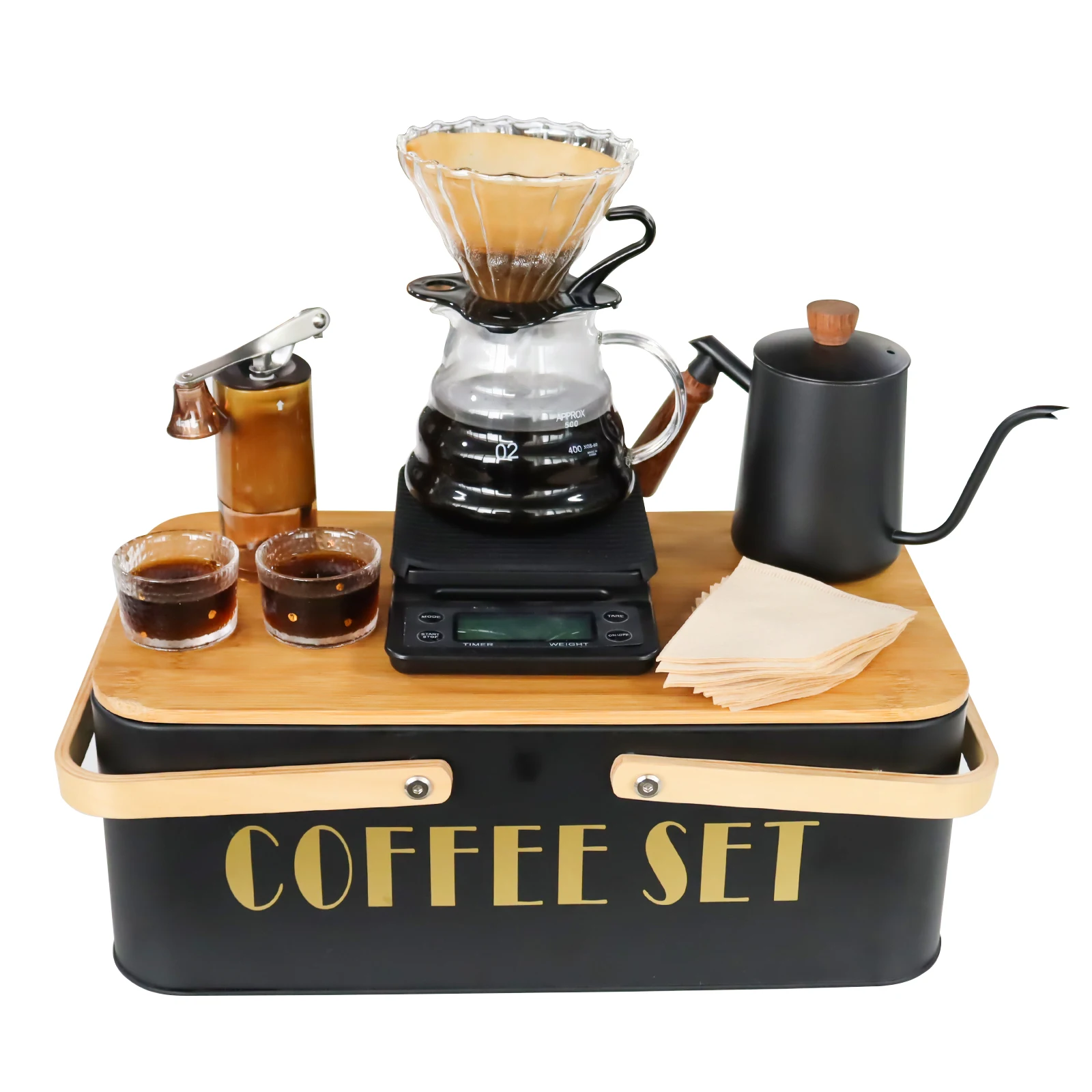 

Pour Over Coffee Maker Set With Coffee Kettle Manual Grinder Filters Paper Scale 2pcs Glass Mug Metal Box for Outdoor Traveling