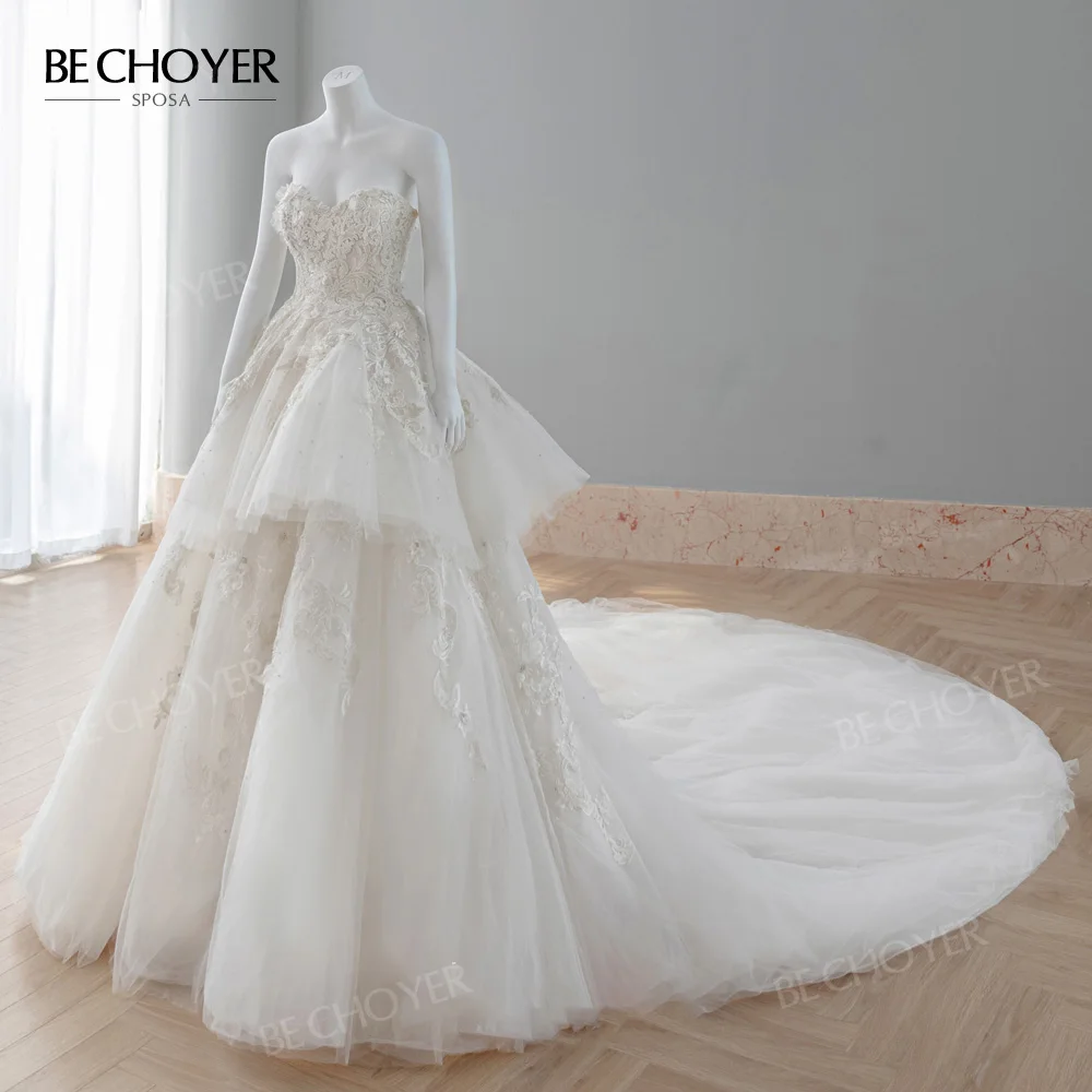 

Свадебное платье с аппликацией, кружевное бальное платье для милой невесты, женское платье 2023 со шлейфом, принцесса, BECHOYER B422, индивидуальный пошив