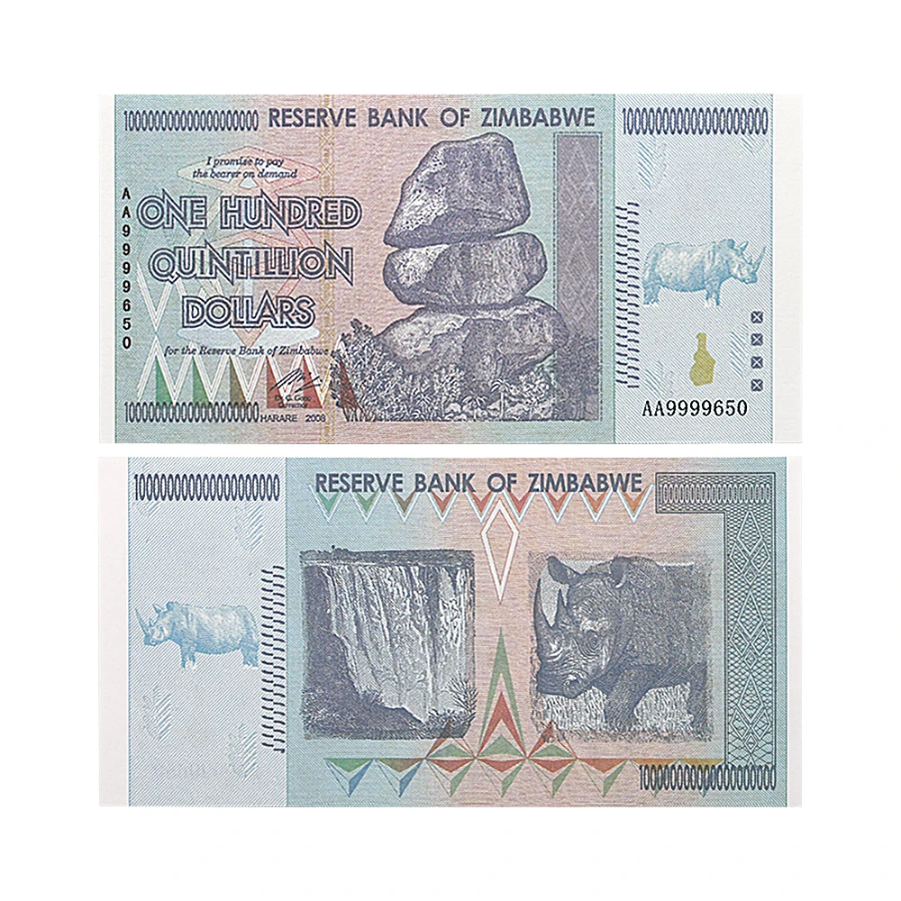 

Zimbabwe Banknotes One Hundred Quintillion Dollars Paper Money Serial Banknotes with Ultraviolet Lamp Effect