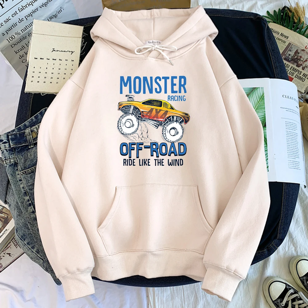 

Men Hoody Monster Racing Off Road Ride Like The Wind Printed Pullover Male Round Neck Loose Big Size Warm Fleece Womens Clothes
