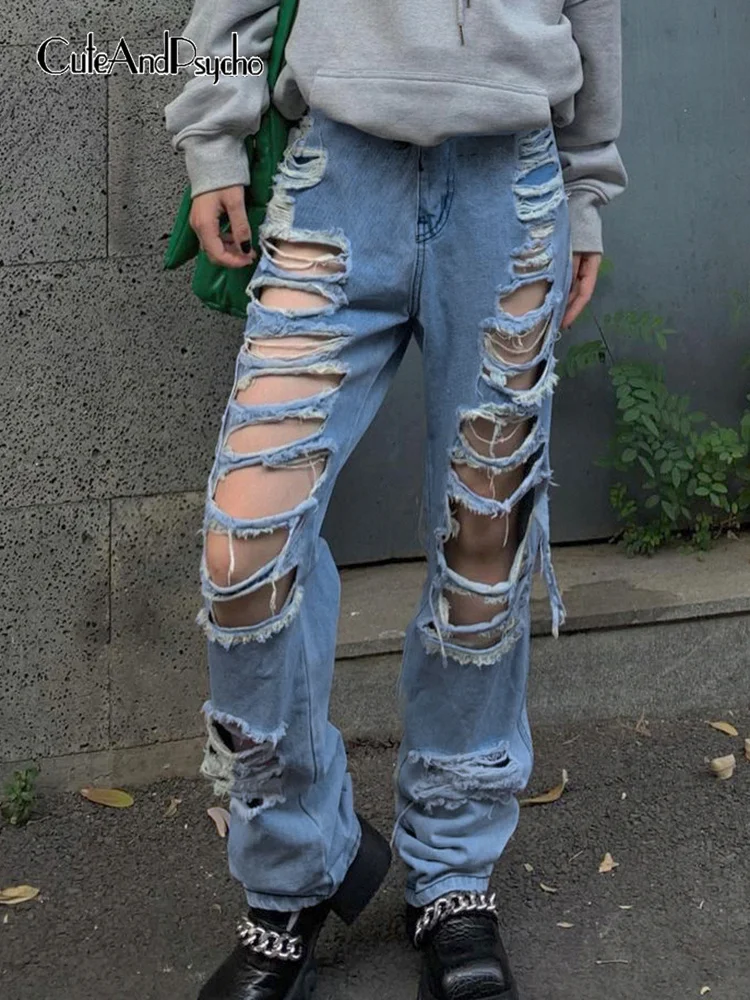 

Cuteandpsycho Chic Hollow Out Ripped Denim Pants Streetwear Casual Loose Aesthetic Jeans Harajuku Streetwear Y2K Grunge Capris