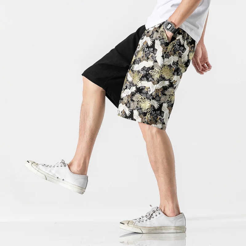 Chinese Style Print Crane Men Shorts Patchwork Contrast Cotton Lagre Size Trousers Casual Loungewear Lingerie Home Pant