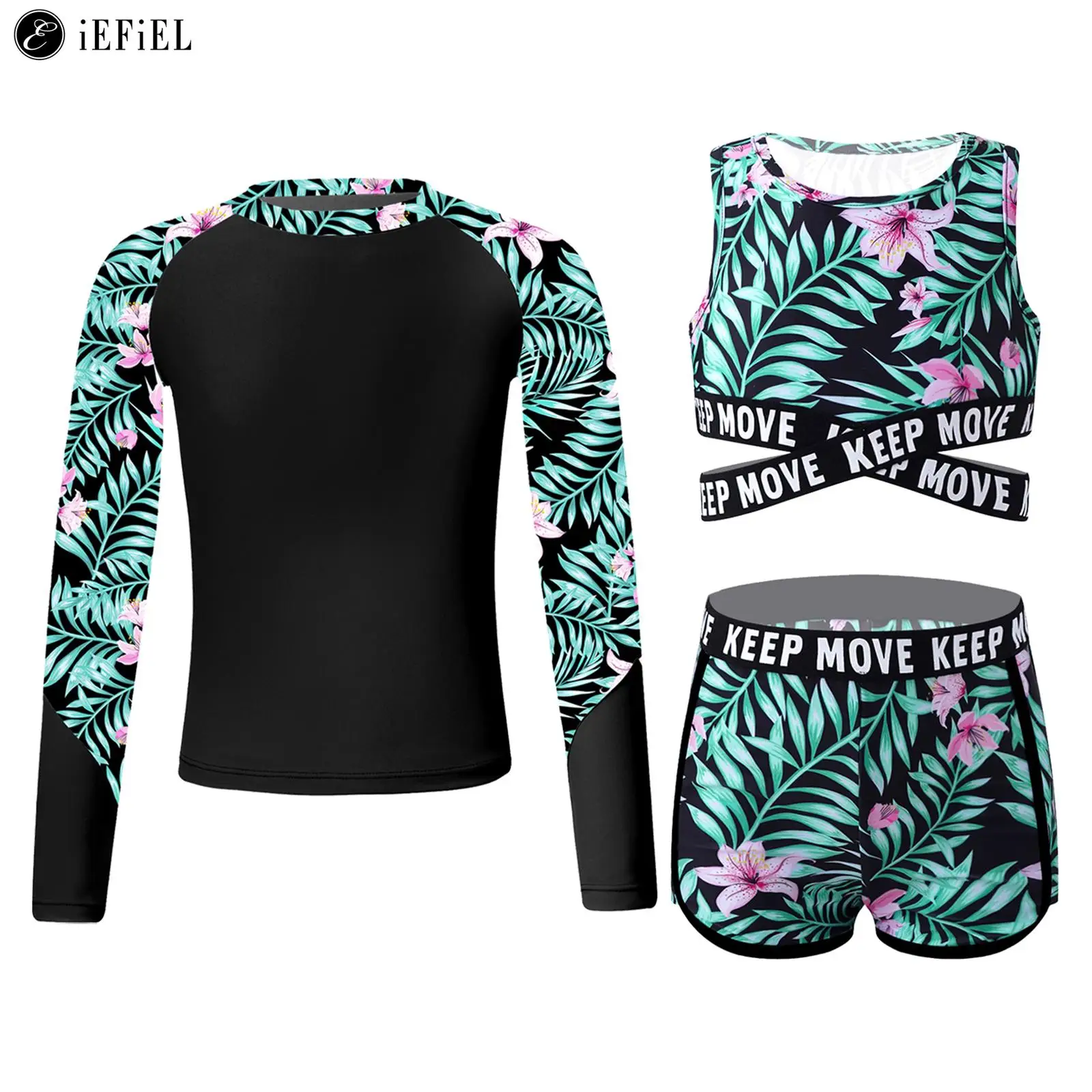 

Kids Girls 3 Piece UPF 50+ Swimsuit Outfit Long Sleeve Rash Guard Tops with Cut Out Vest and Shorts Bikini Tankini Swimwear Set
