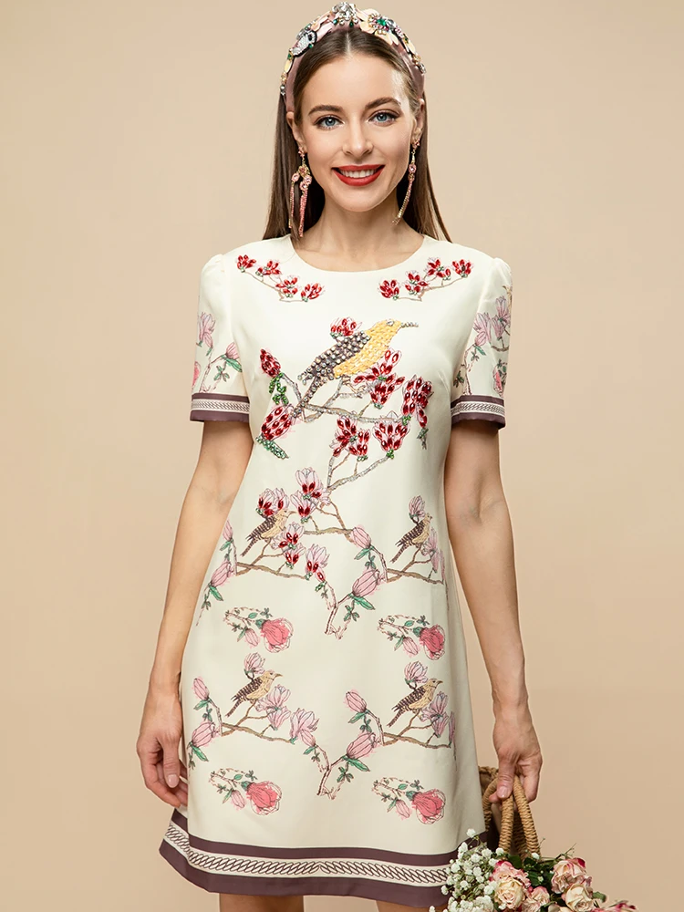

Dresses For Women 2023 Runway Luxury Designer Summer Short O-neck Vintage Bird Flower print Beading Short sleeve Mini Dress
