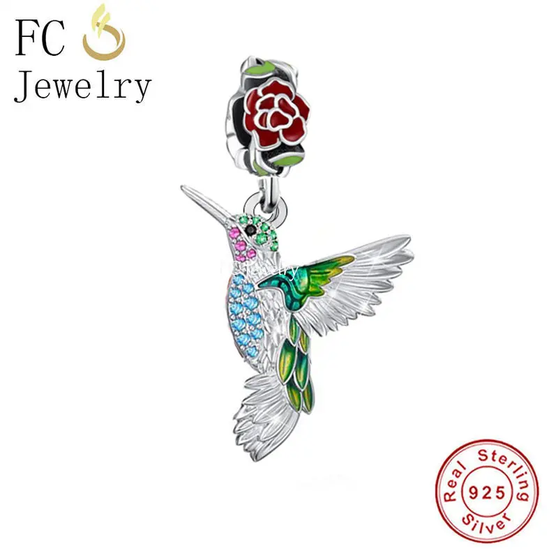 

Fit Original Pan Charms Bracelet 925 Sterling Silver Color Zircon Hummingbird With Flower Bead For Making Women Berloque 2022
