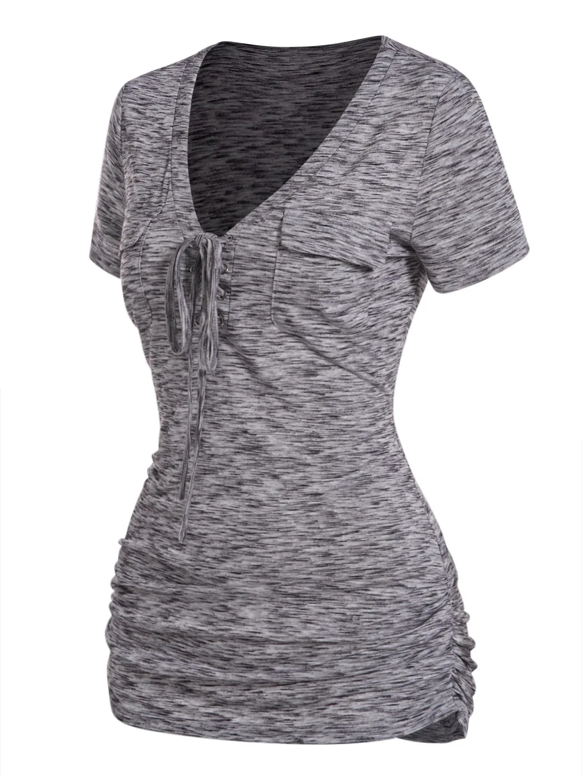

Lace Up Plunging Neck Knit Tops For Women Summer Ruched Pocket Patches Short Sleeve Long Knitted Casual Tee