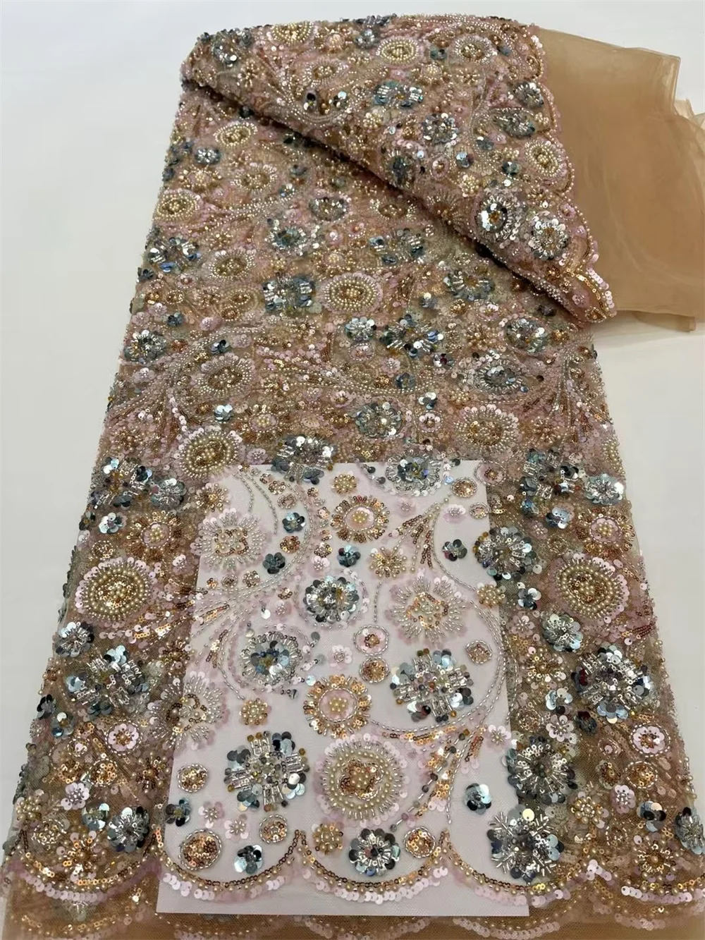 Небесно-голубая новейшая французская тюлевая кружевная ткань с бисером