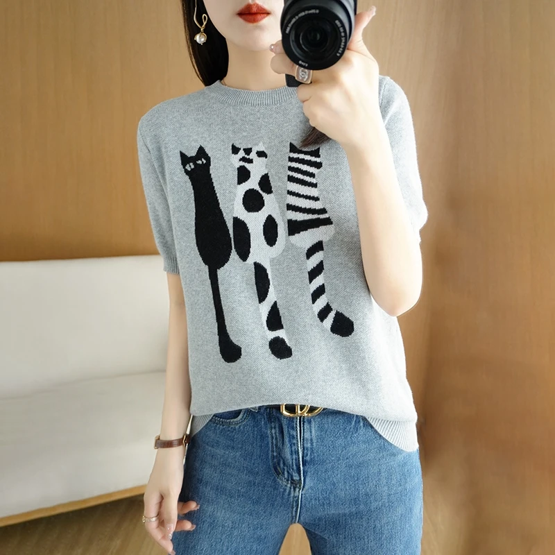 

100% Cotton T-Shirt Women Round Neck Embroidered Pullover Short Sleeves Casual Knit Kitten Top Summer Ladies Oversized Tank Top