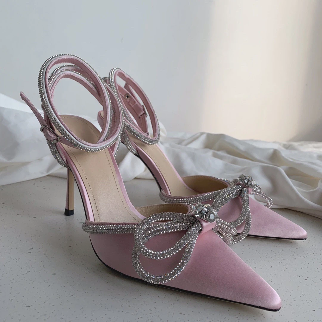 

Rhinestone Baotou Sandals 2022 New Summer Fairy Wind Pointed Pink High-heeled Bow Tie Thin Heel Winding Bandage