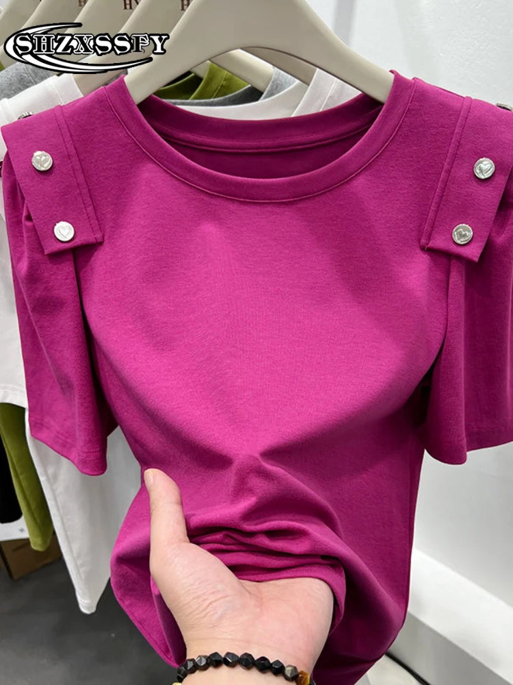 

Women's Cotton T-shirt Bubble Sleeve Short Sleeve T-shirt Design Sense Niche Button Casual O-Neck 2022 Summer New White Top