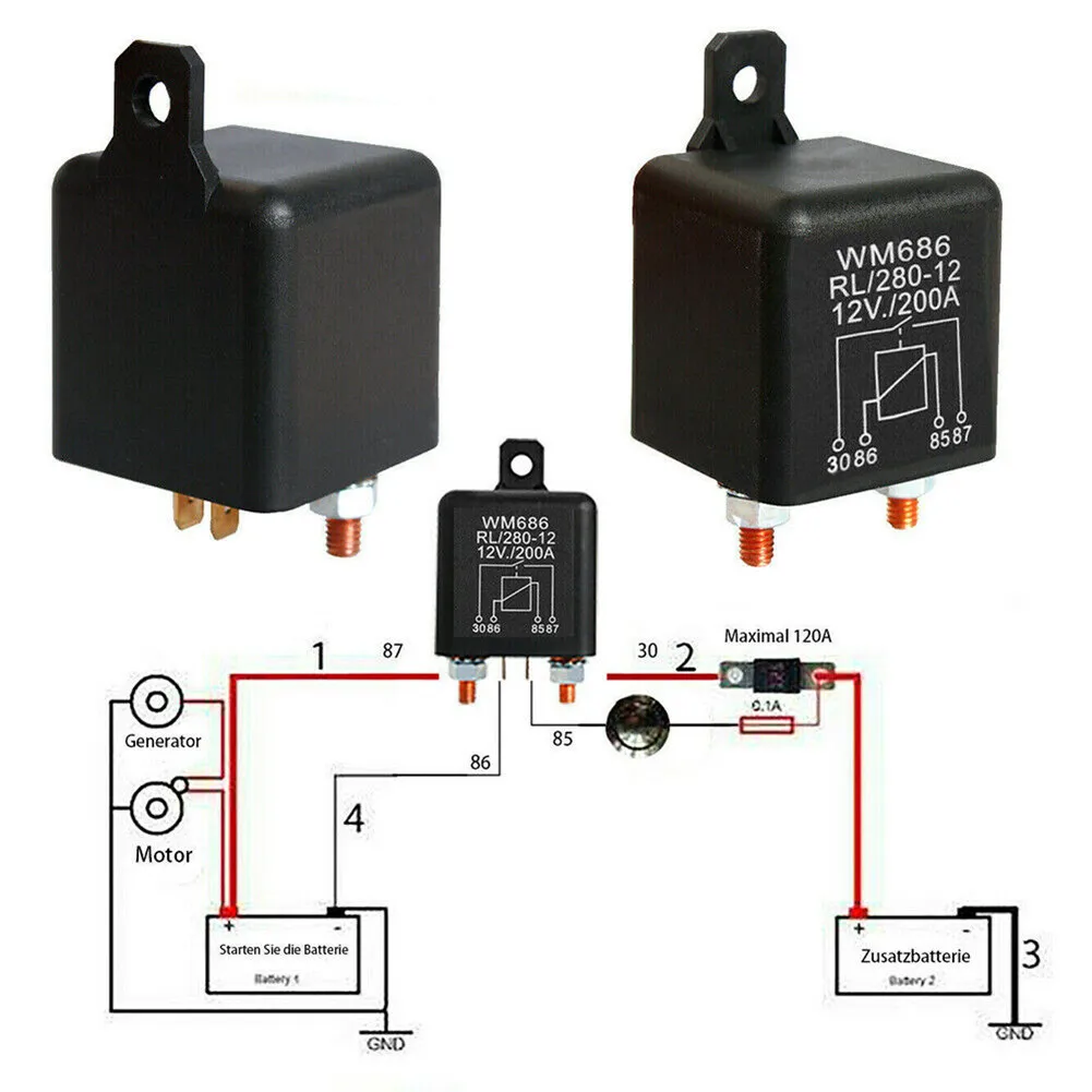 

4Pin Over 200A 12V Dual Battery Isolator Relay Start On/Off Car Power Switch Automotive Relay WM686 M6 Terminal RL180 DC12V 200A