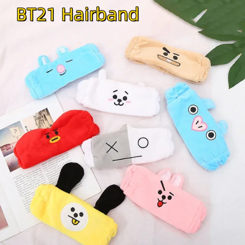 Фото Kawaii BT21 повязка на голову для мытья лица, милая детская повязка на голову для девочек, плюшевая повязка на голову для макияжа, мягкая теплая повязка на голову с героями мультфильмов для пары, подарок для девочек №1