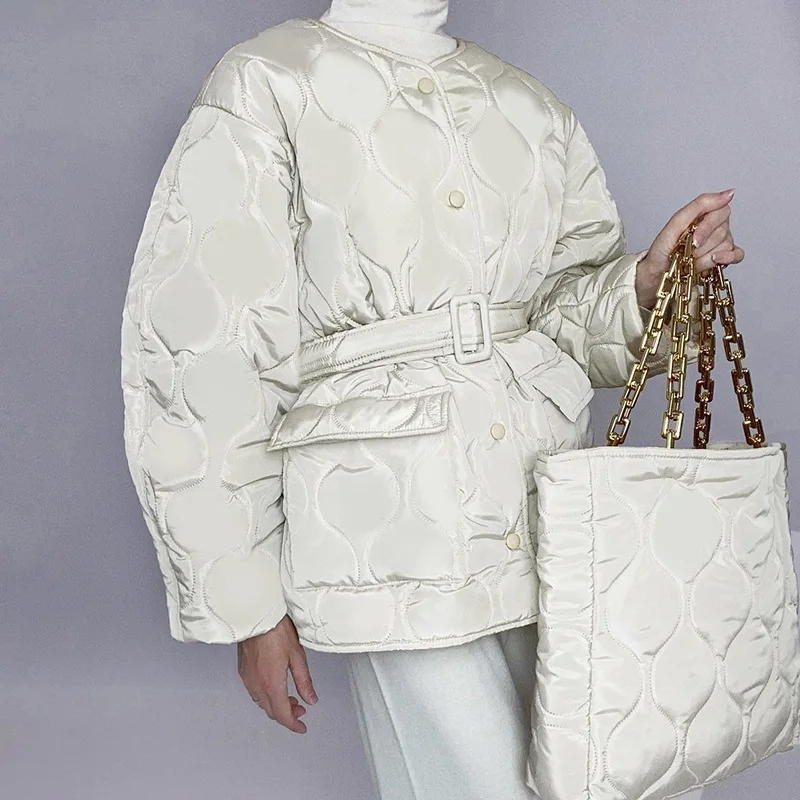 Ardm Casual O-Neck Button-Up Belt Cotton French Parkas Quilted Winter Coat Women Elegant Long Sleeve Pockets Top Warm Jacket