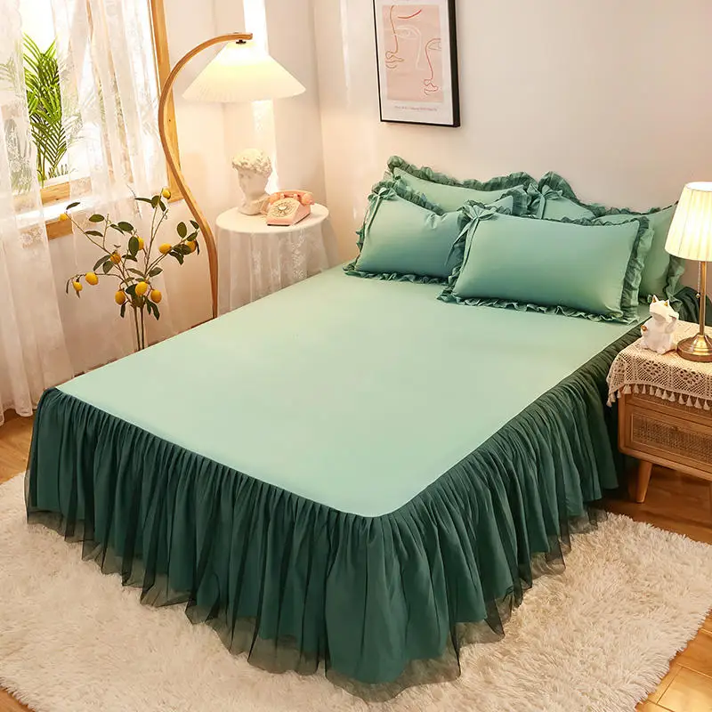 

Bonenjoy 1pc Green Color Bed Skirt Double Layer Ruffles Bed Sheet Queen Size Bed Decoration Skirts 150 (Pillowcase need order)