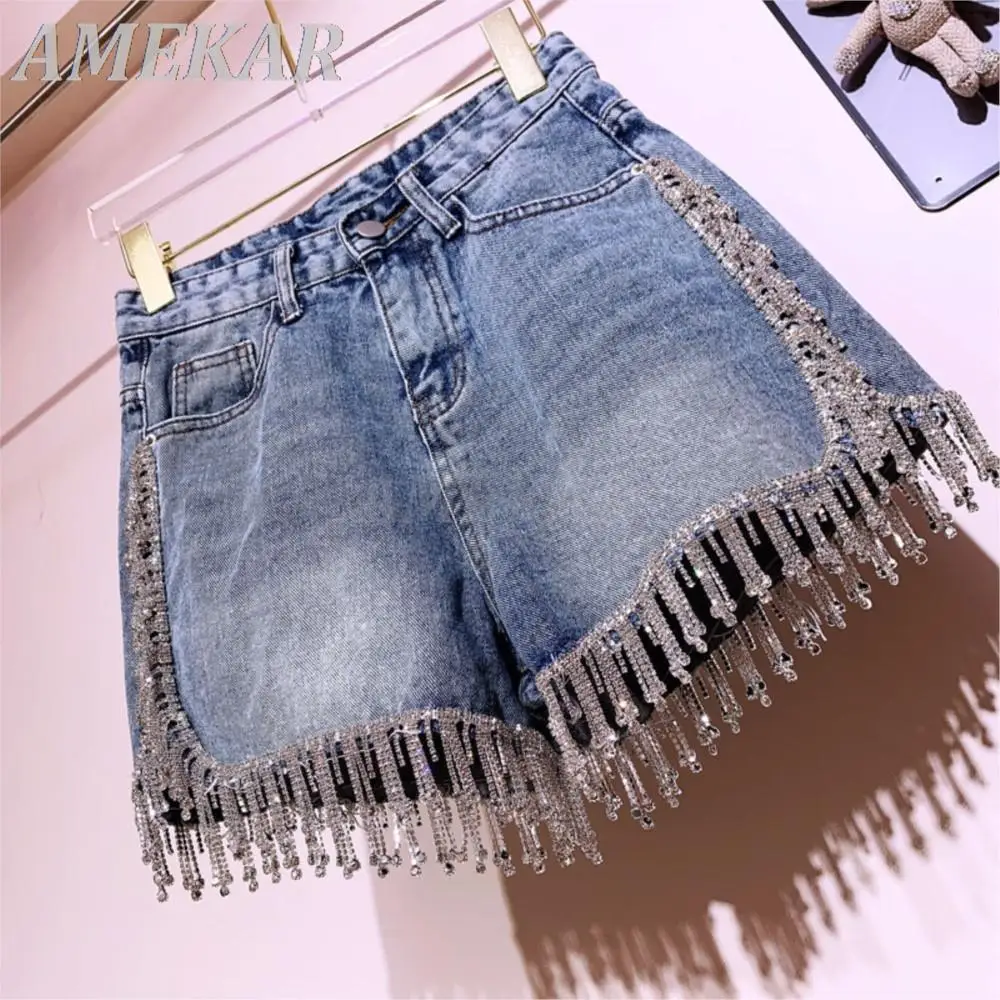 Women's Summer Fashion Short Jeans In Blue Crystal Rhinestones Tassel Straight High Waist Denim Shorts Lady Sexy Clubwear Shorts