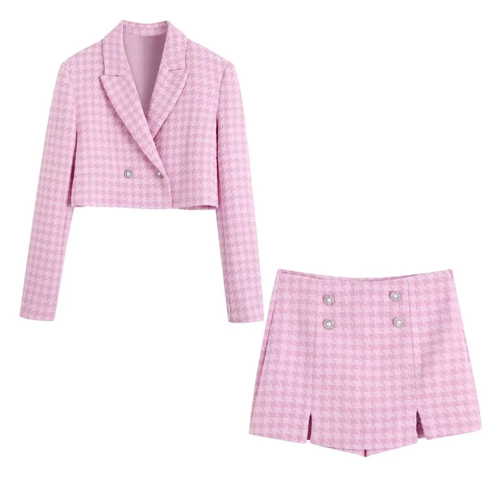 

2022 New Women's Fashion Houndstooth Texture Button Short Suit Retro Long Sleeve Women's Coat Chic Women's Jacket + Culottes