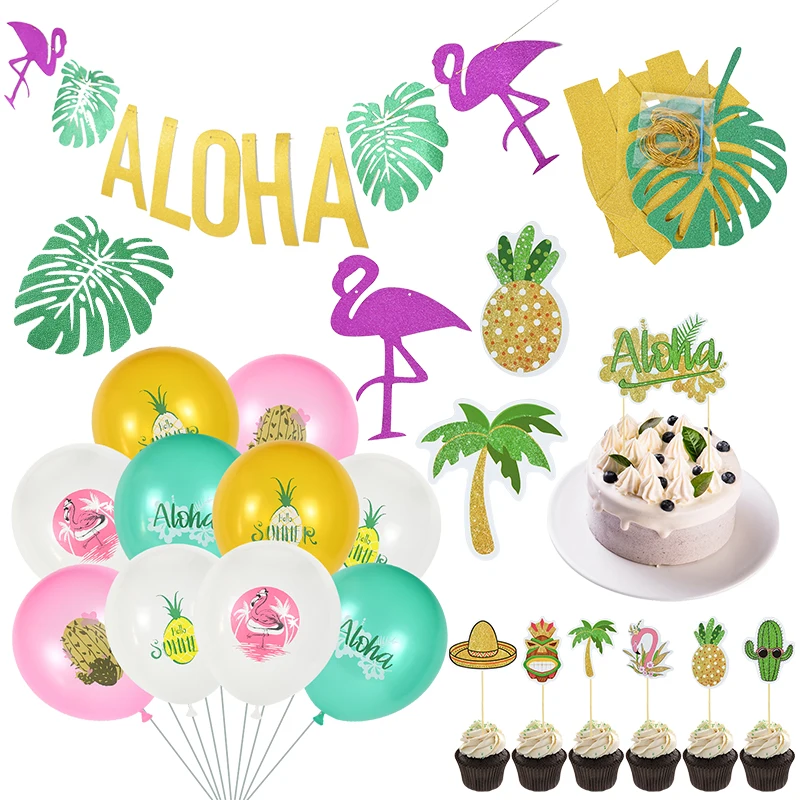 

DIY Hawaiian Party Decor Hawaii Summer Tropical Aloha Luau Flamingo Banner Balloon Cake Topper Wedding Birthday Party Accessory