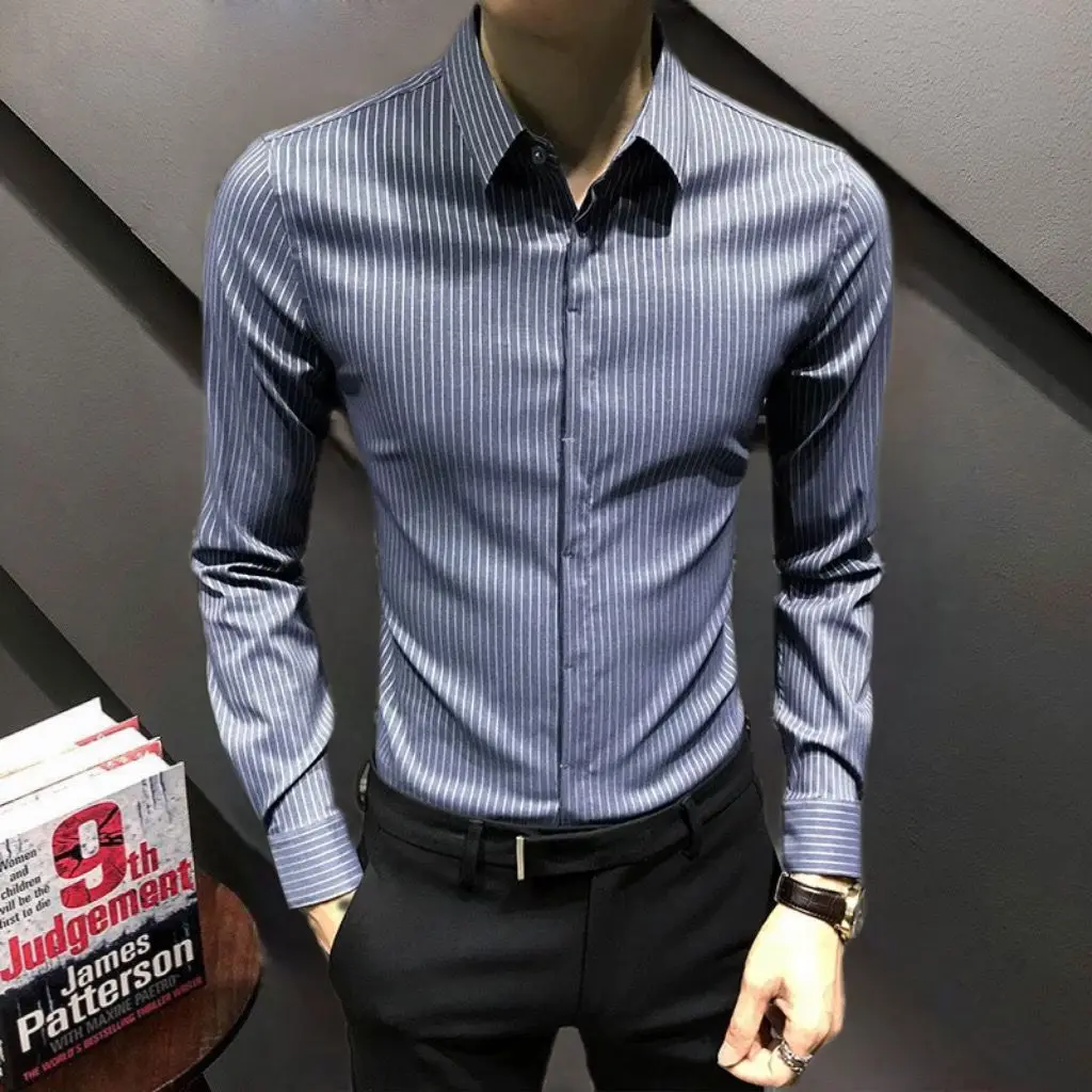 Рубашка мужская свободного покроя в полоску, шикарная универсальная блузка в Корейском стиле ретро, с длинными рукавами, в стиле Ins, весна-осень, V139, 2023